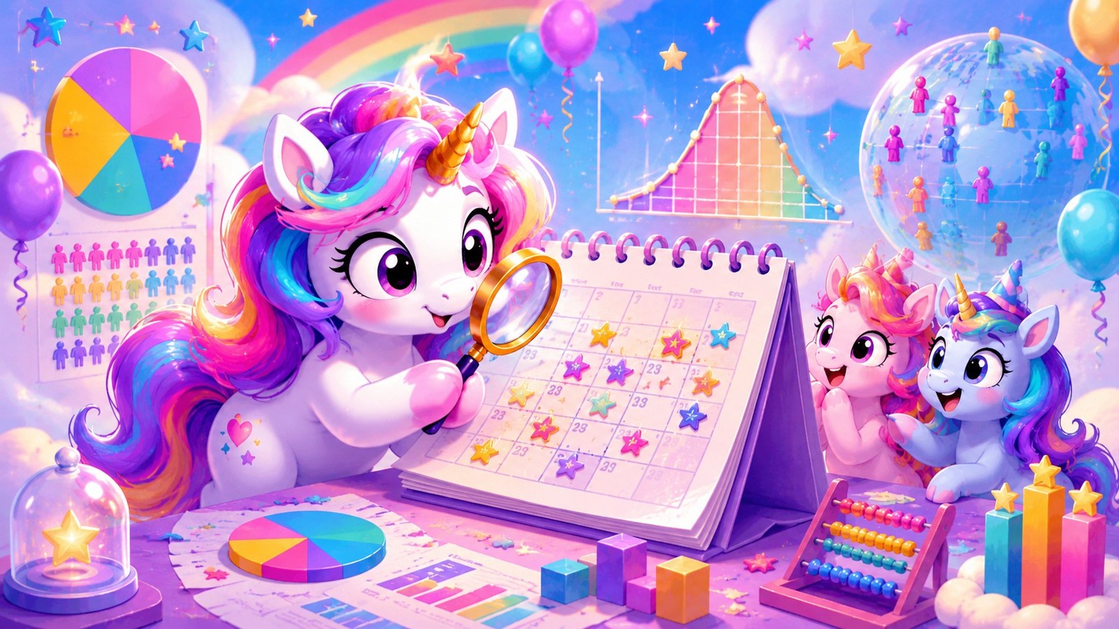 Cartoon unicorn studying birthday calendars, charts, and statistics while learning how birthday rarity is calculated.