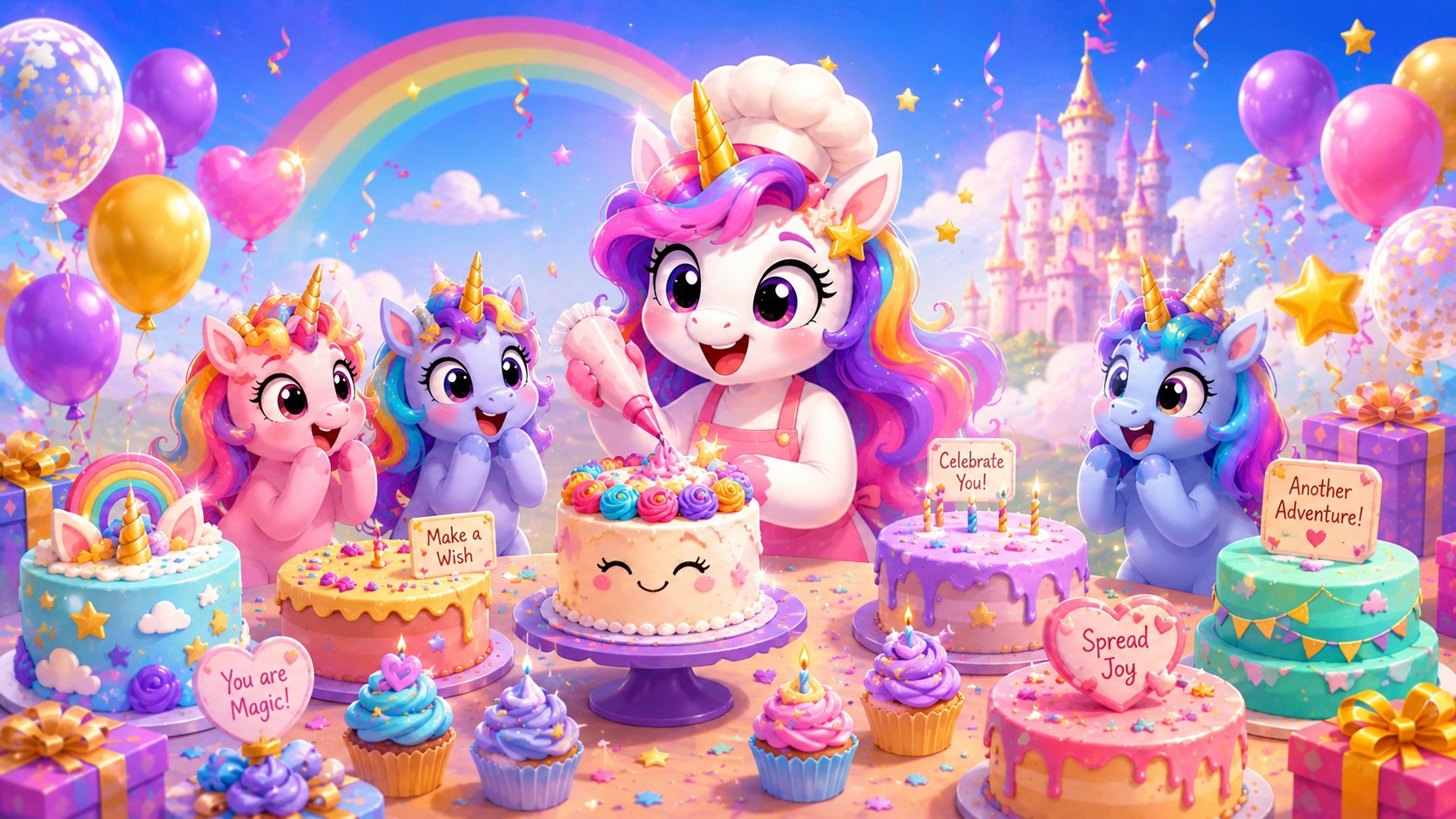 Playful cartoon unicorn baker decorating colourful birthday cakes with funny and sweet message ideas.