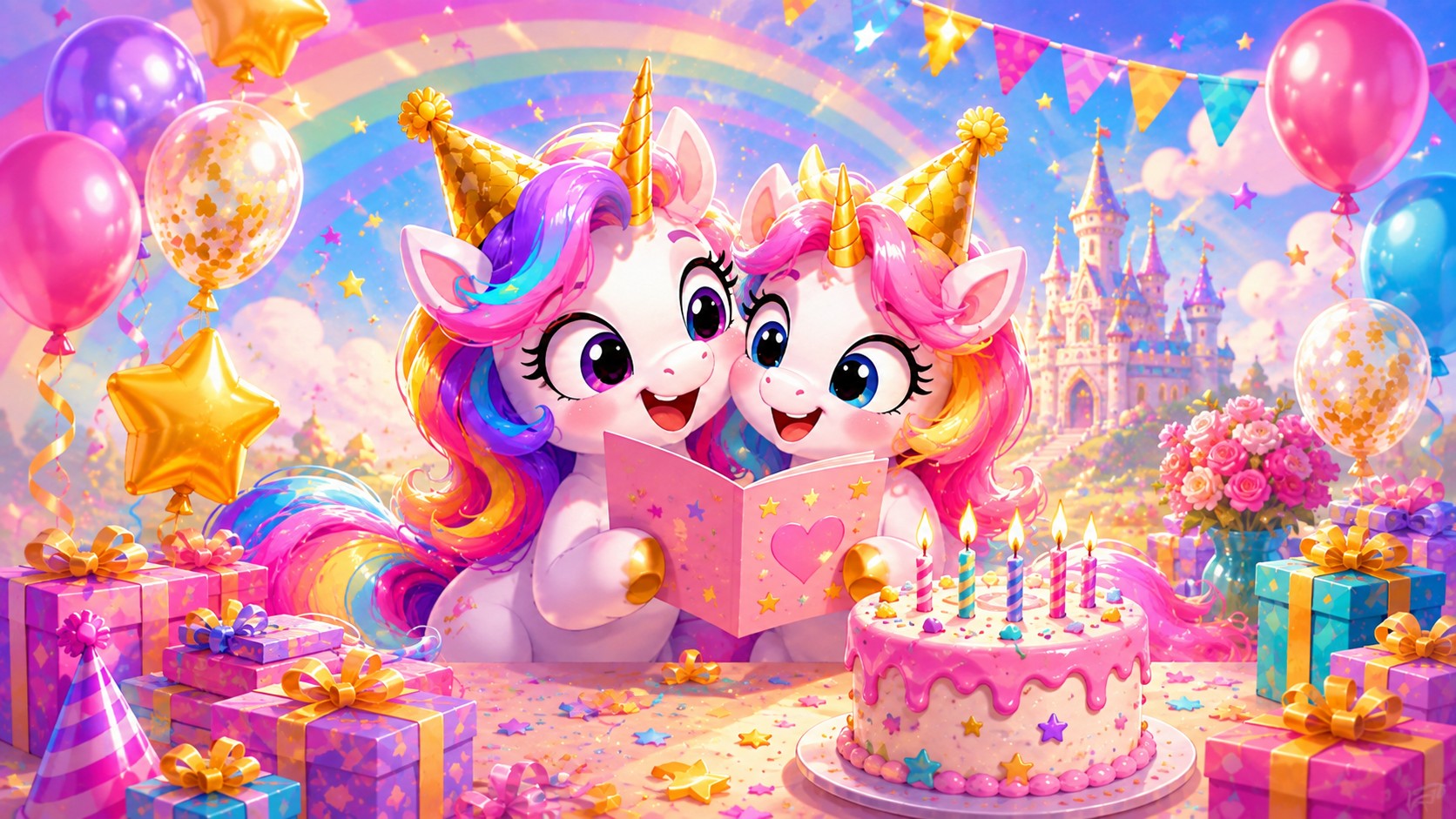 Two playful cartoon unicorn best friends reading a birthday card beside a cake and presents.