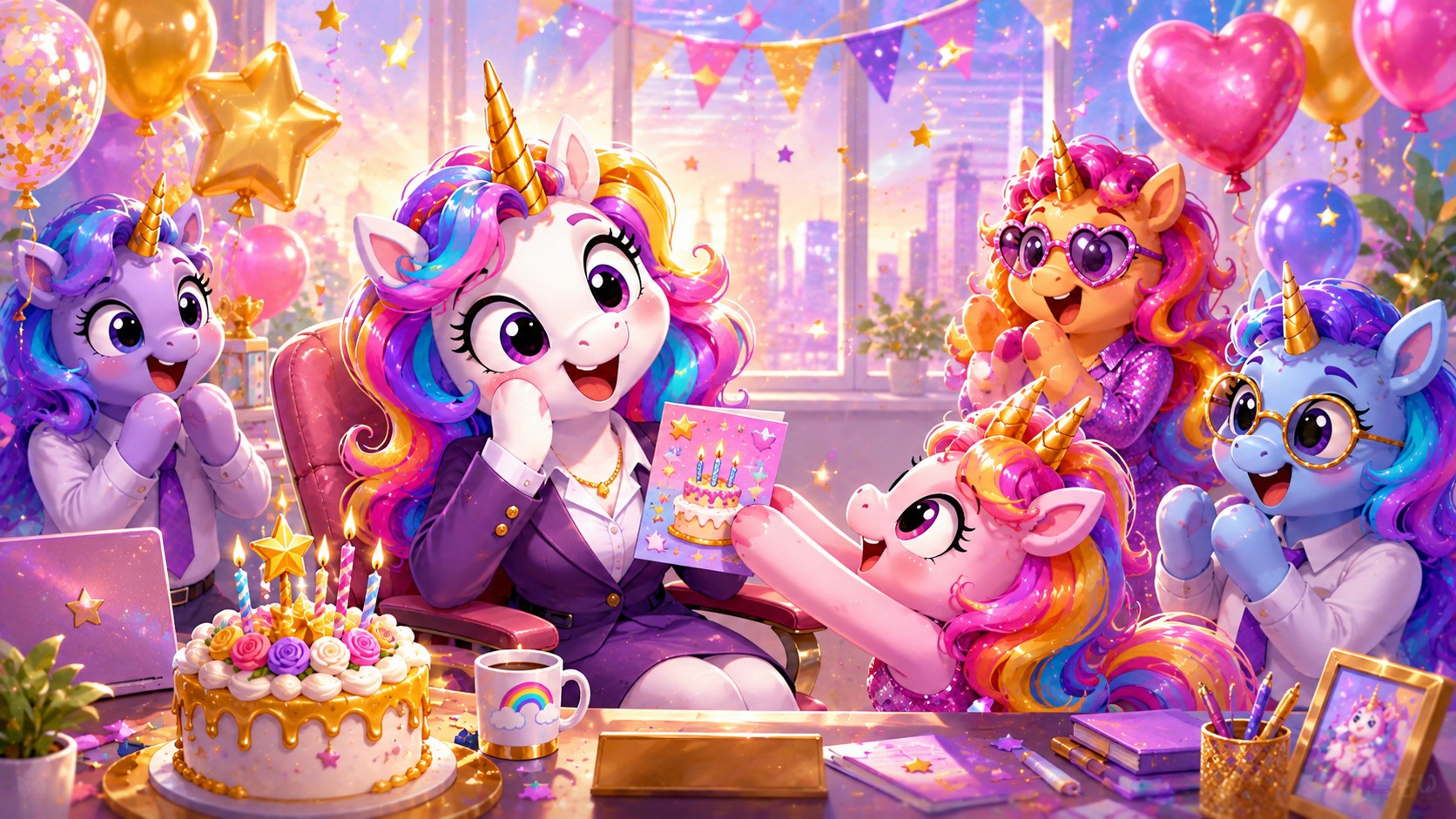 Playful cartoon unicorn team celebrating a boss birthday in an office with a card, cake, and balloons.