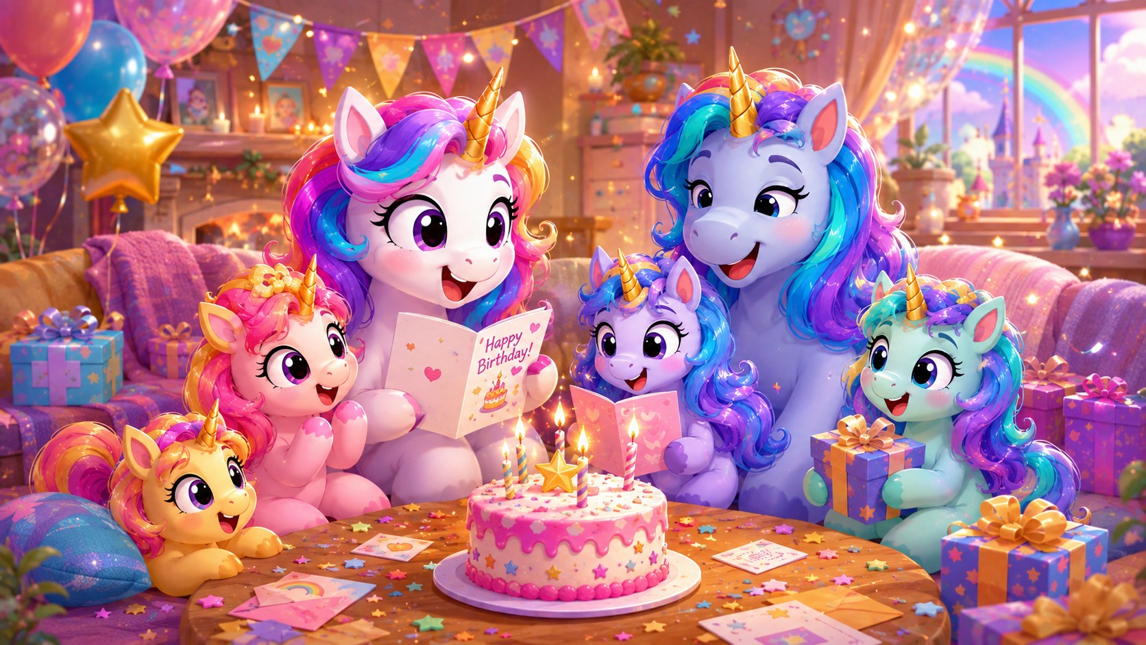 Playful cartoon unicorn family celebrating a brother birthday with cards, cake, and presents in a cozy room.