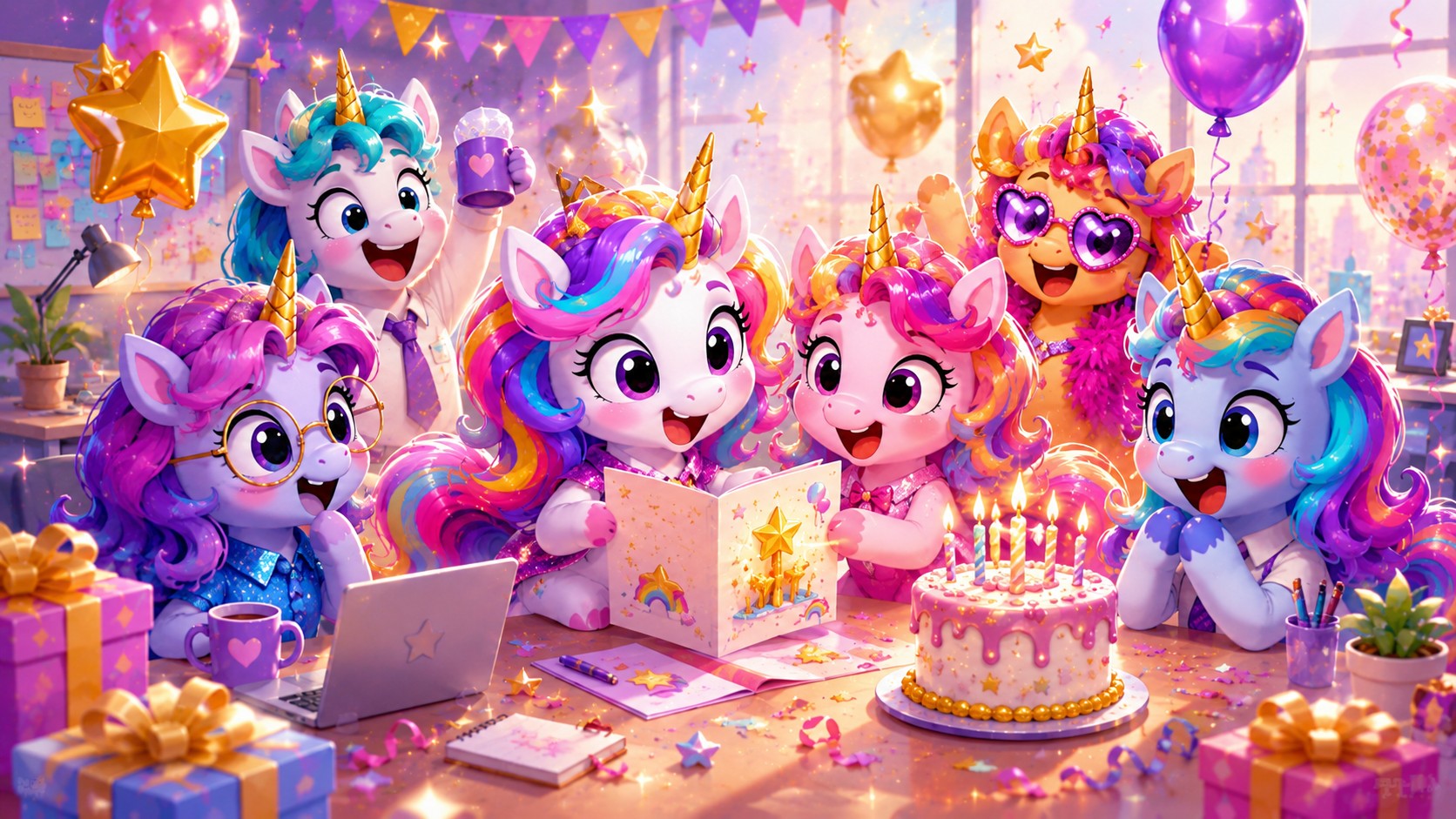 Playful cartoon unicorn coworkers sharing cake and birthday cards at a cheerful office party.