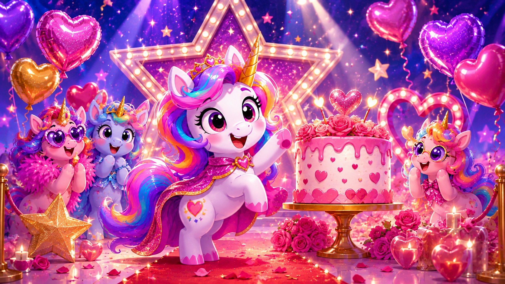 Playful cartoon unicorn friends celebrating with birthday cards, cake, balloons, and a bright party scene.
