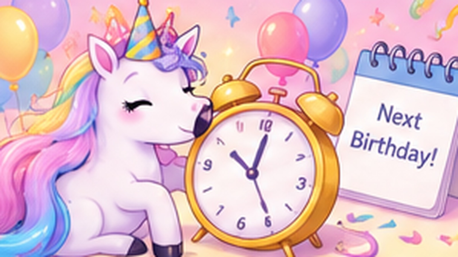 Playful cartoon unicorn counting down to the next birthday beside a clock, calendar, balloons, and party decorations.