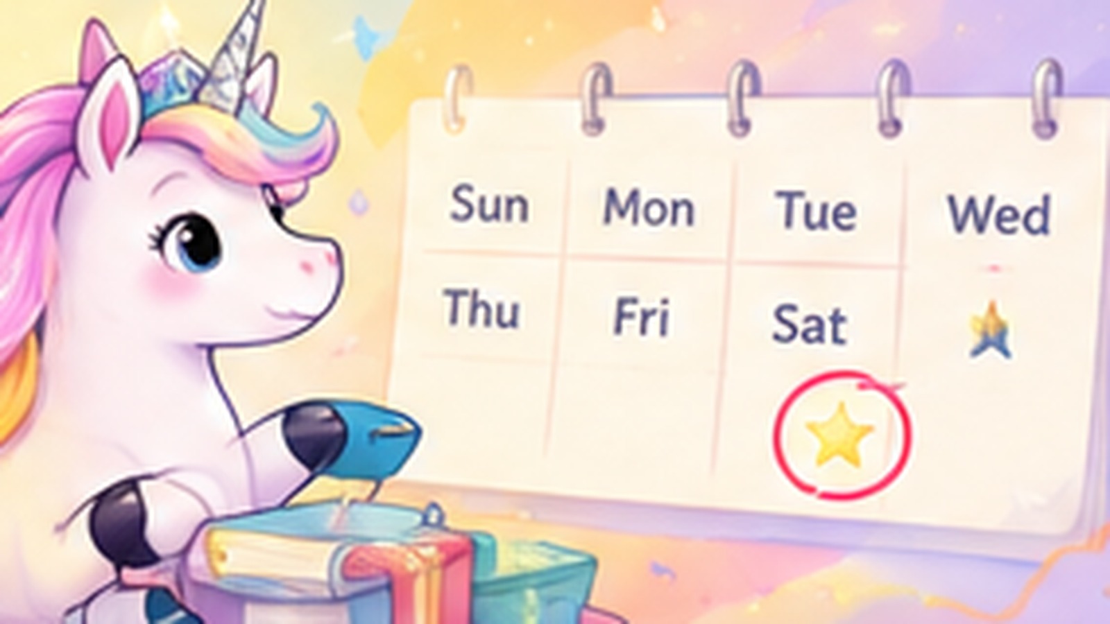Playful cartoon unicorn exploring the days of the week on a birthday calendar with colourful party decorations.