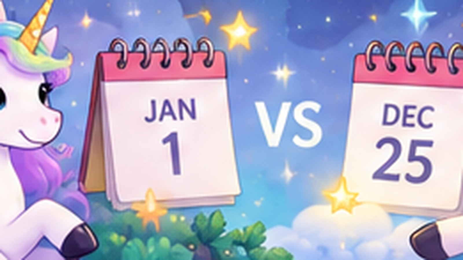 Two playful cartoon unicorns comparing January 1 and December 25 birthday dates side by side.