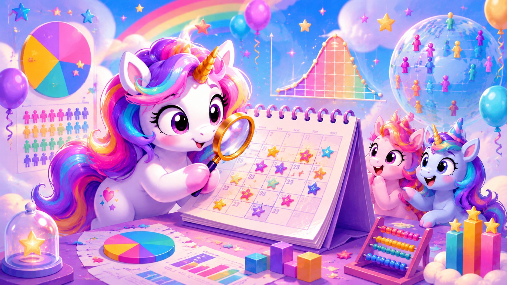 Cartoon unicorn studying birthday rarity charts, calendar dates, and colourful statistics.