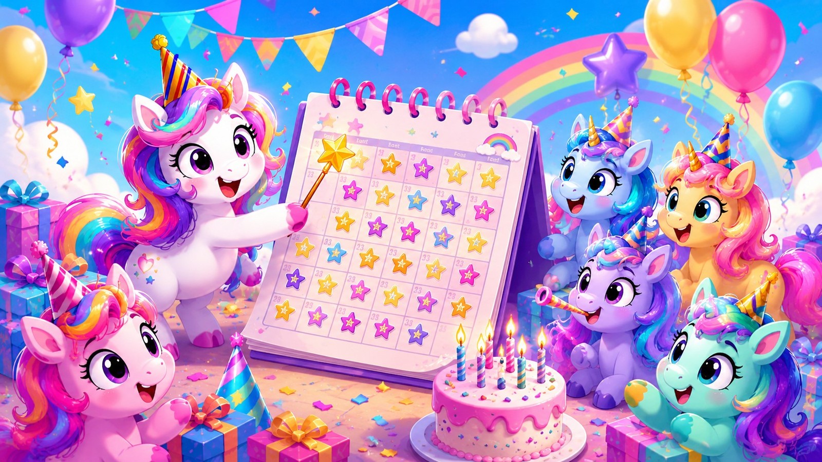 Cartoon unicorns gathered around a colourful birthday calendar, representing the site map and birthday guides.