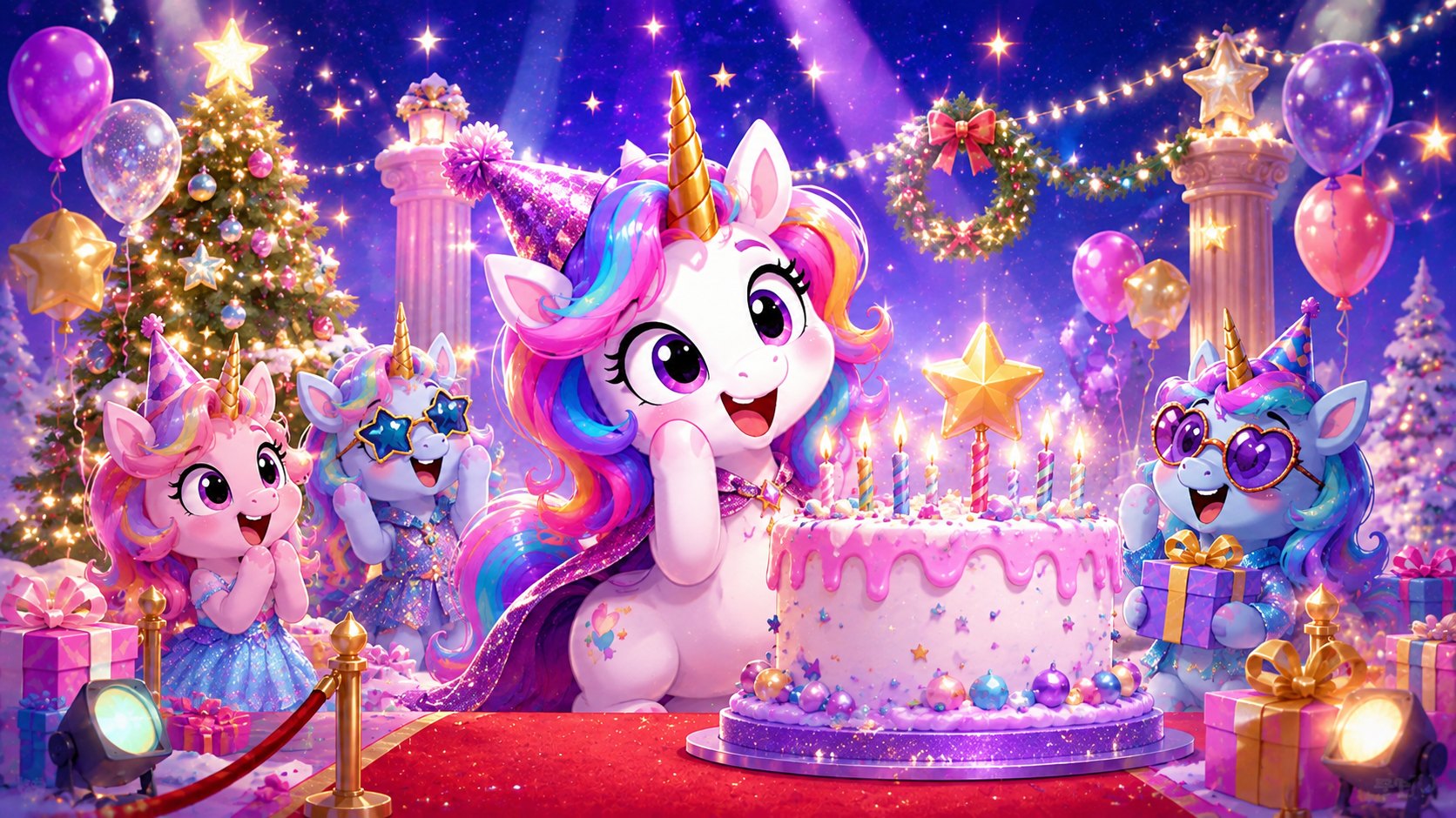 Playful cartoon unicorns celebrating a Christmas birthday with a separate birthday cake, presents, and holiday decorations.