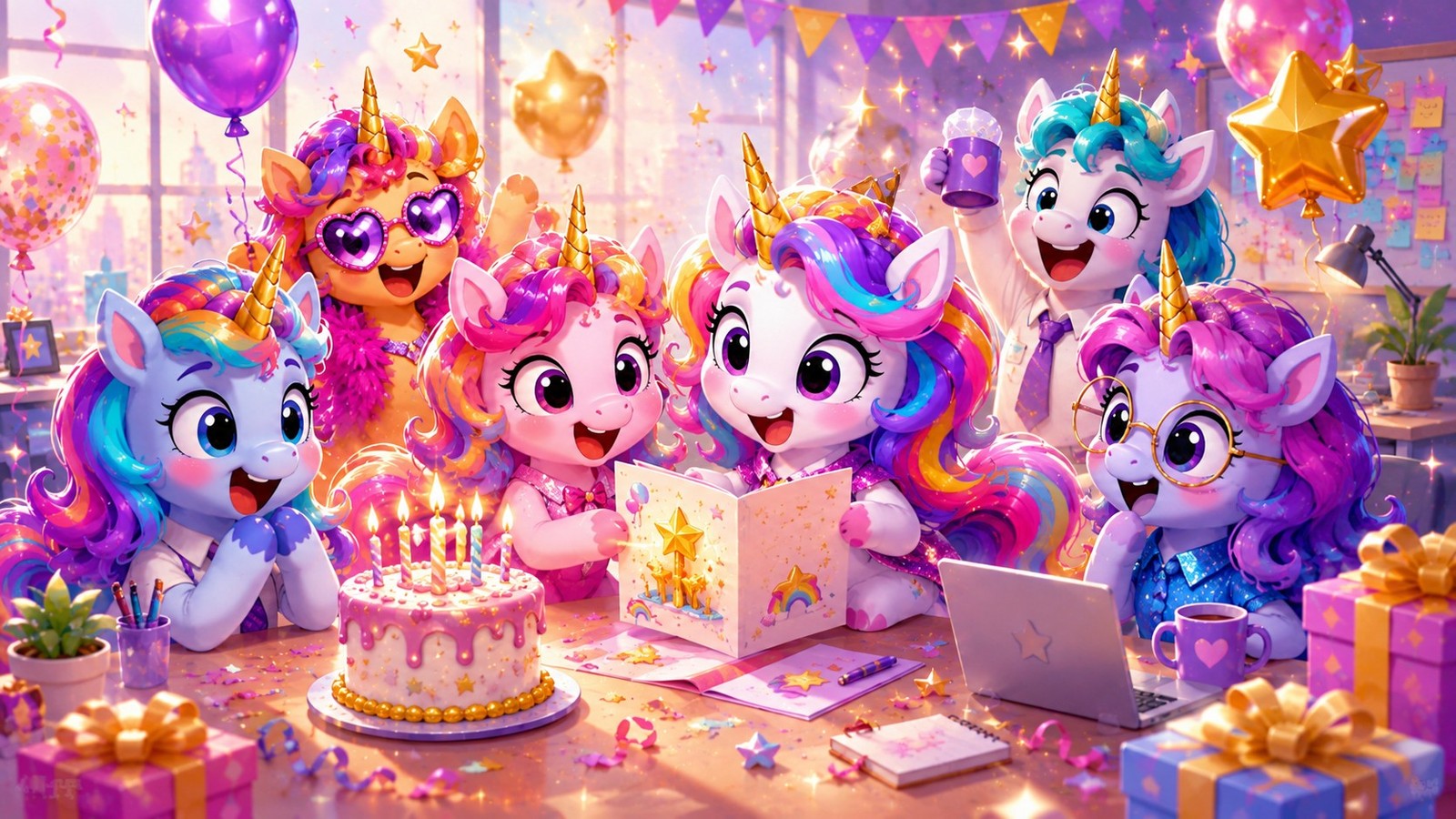 Cartoon unicorns sharing a birthday card and message at a colourful office birthday celebration.