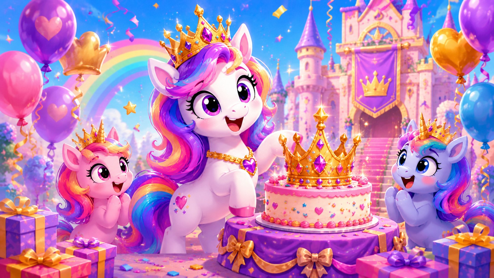 Playful cartoon unicorns celebrating a crown birthday with jeweled crowns, balloons, gifts, and a storybook castle.