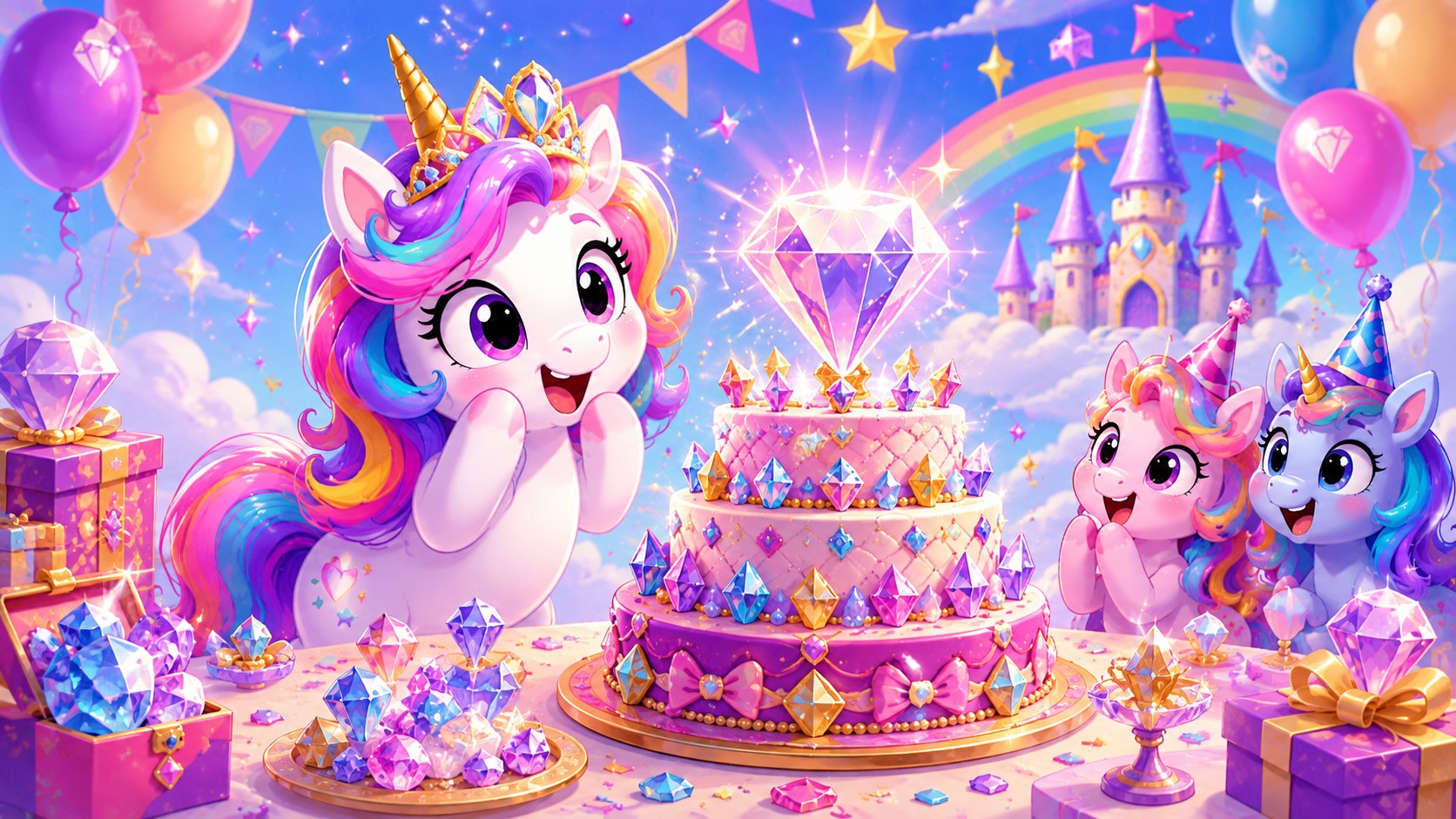 Playful cartoon unicorns celebrating a diamond birthday with a sparkling gemstone cake and colourful crystal decorations.