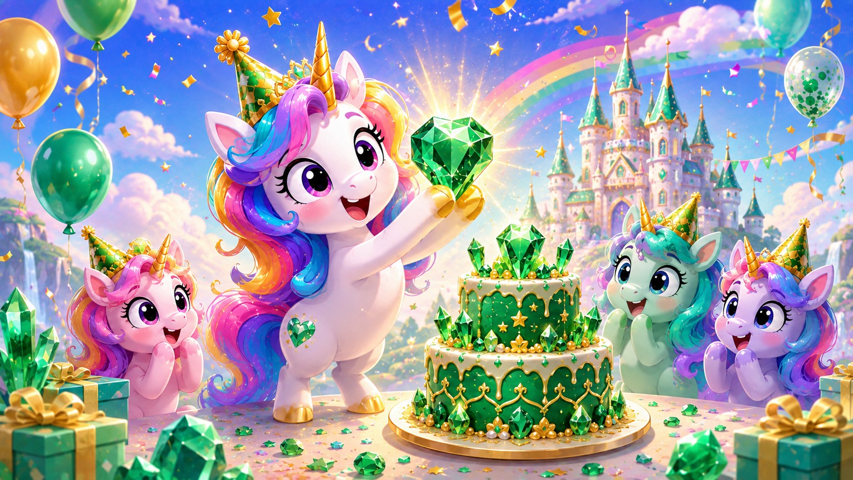 Playful cartoon unicorns celebrating an emerald birthday with a glowing green gemstone cake and rainbow party decorations.