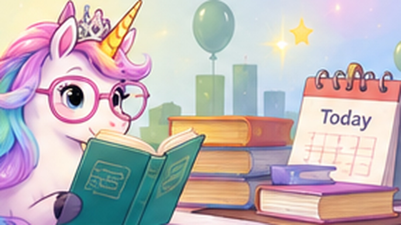 Playful cartoon unicorn calculating exact age with books, a calendar, and birthday-themed number clues.