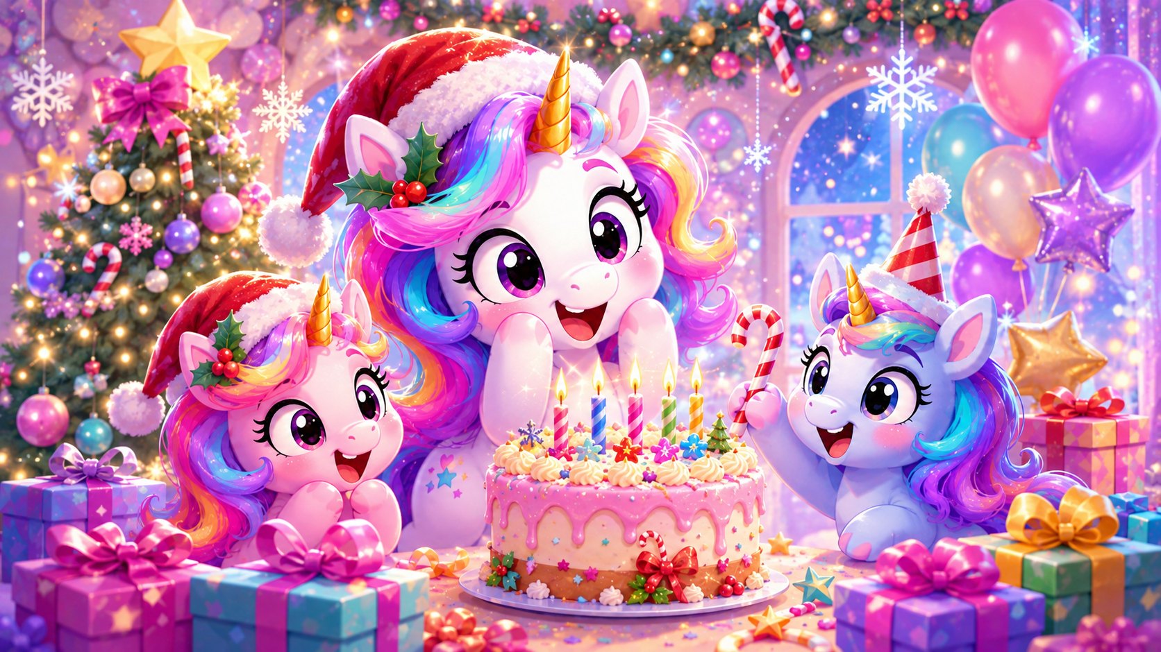 Cartoon unicorn celebrity celebration for famous Christmas birthdays with a red carpet, birthday cake, lights, and holiday decorations.