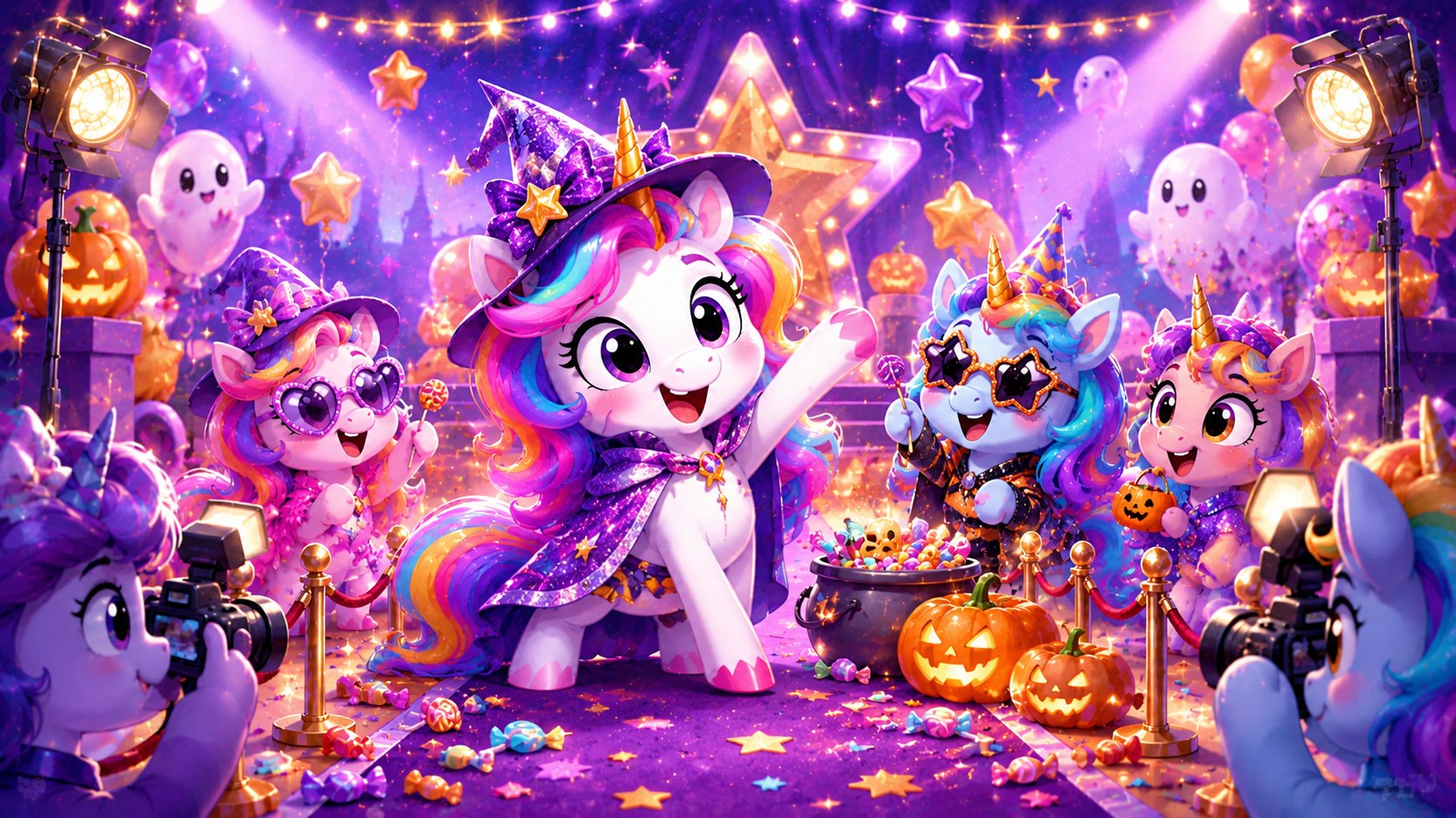 Cartoon unicorn celebrity celebration for famous Halloween birthdays with costumes, cameras, pumpkins, and a red carpet.
