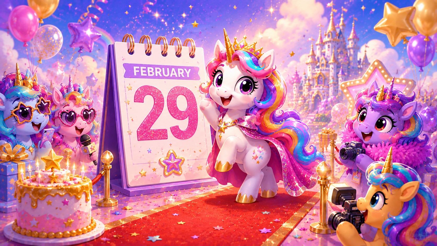 Playful cartoon unicorn celebrities celebrating a February 29 Leap Day birthday beside a large calendar.