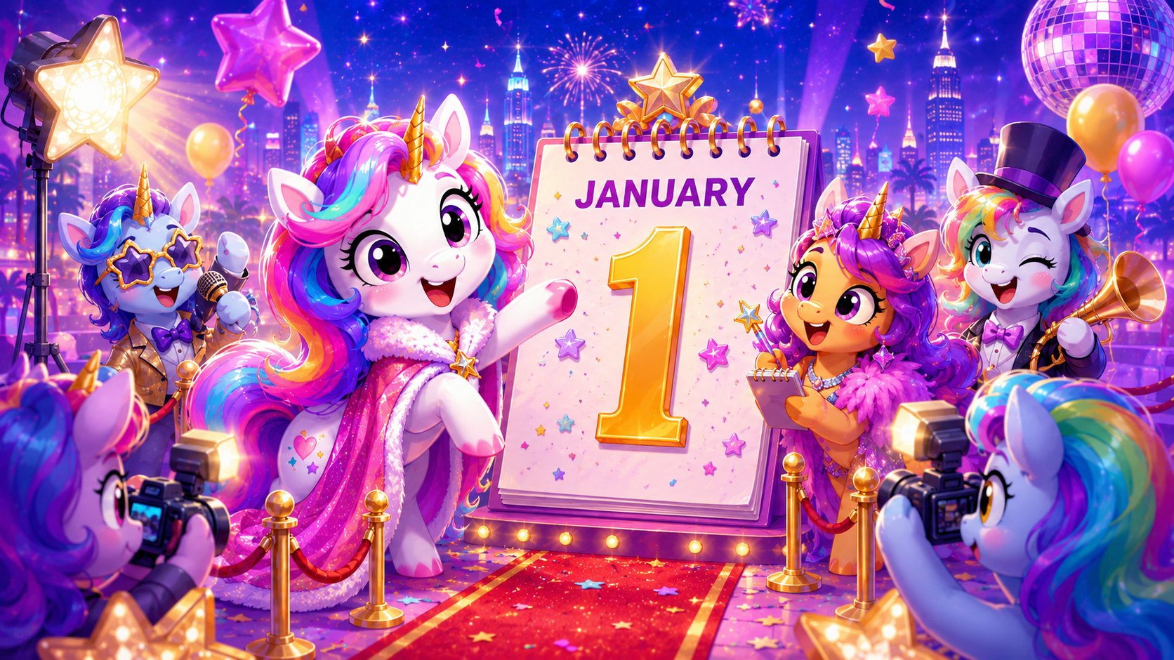 Cartoon unicorn celebrity celebration for famous January 1 birthdays with a red carpet, cameras, and New Year's fireworks.