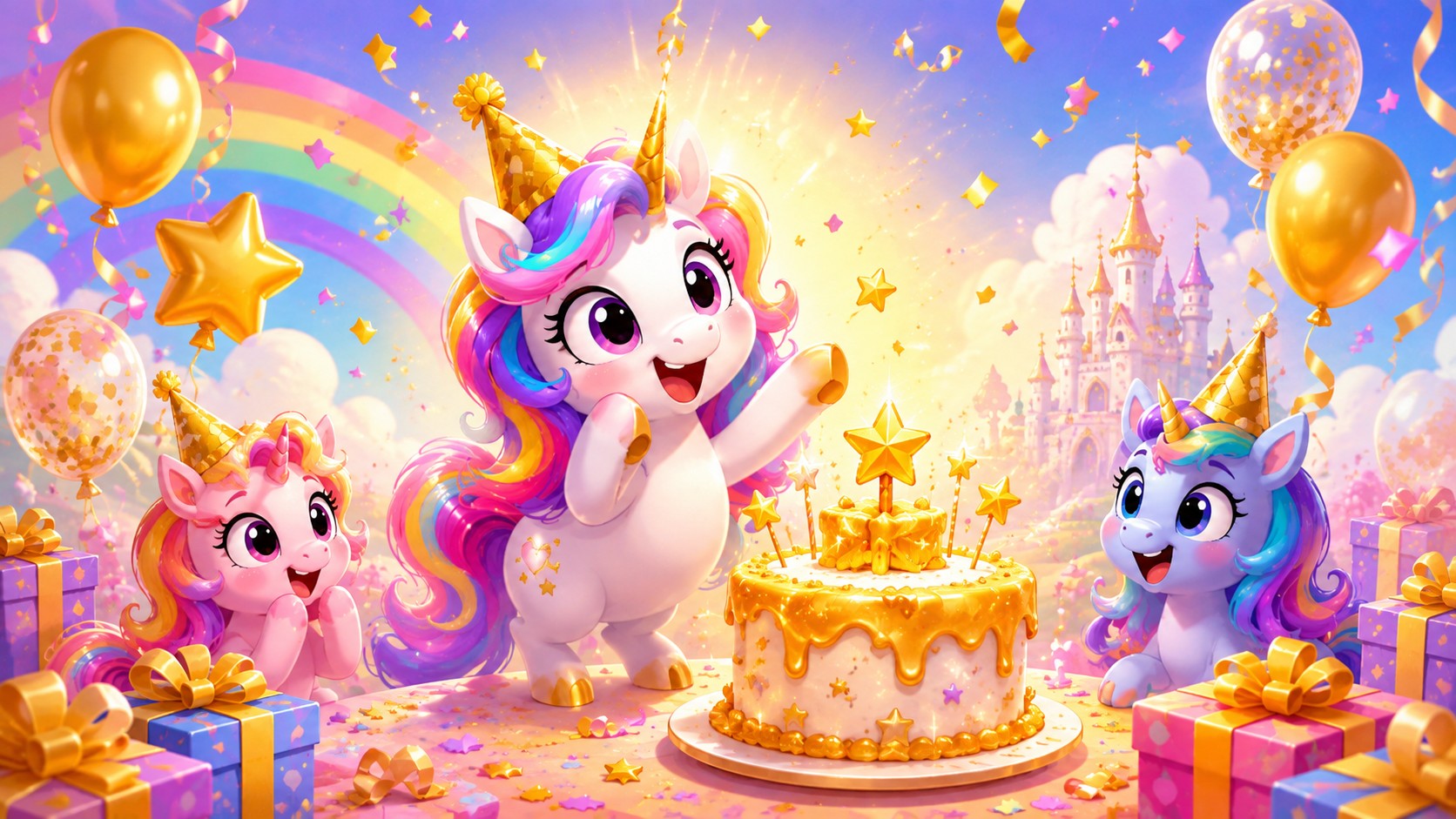 Playful cartoon unicorns celebrating a golden birthday with a glowing gold cake, stars, balloons, and gifts.