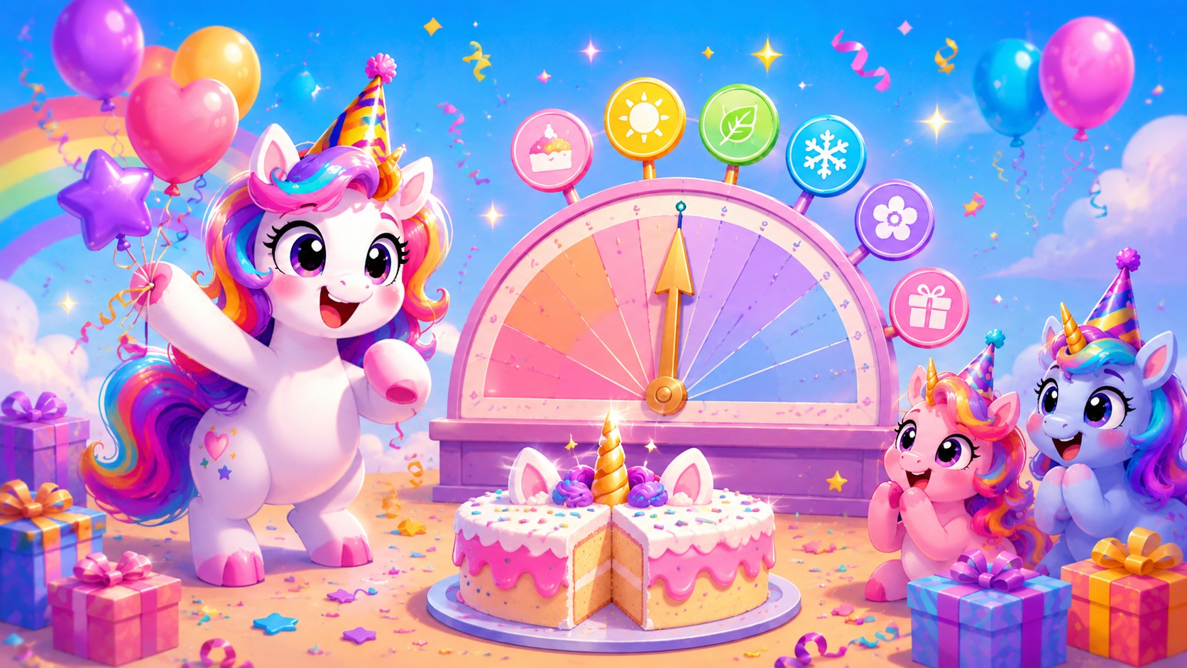 Playful cartoon unicorns celebrating a half birthday with a half-cut birthday cake and colourful party decorations.