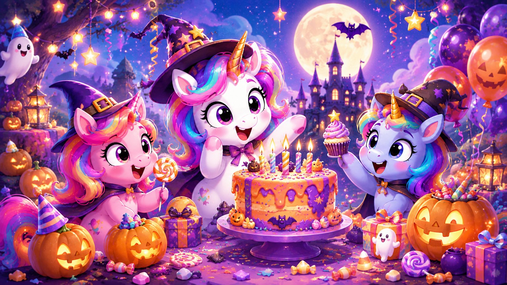 Playful cartoon unicorns celebrating a Halloween birthday with costumes, pumpkins, candy, and a birthday cake.