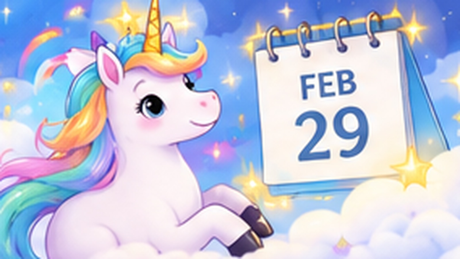 Playful cartoon unicorn celebrating a February 29 Leap Day birthday beside a bright calendar in a dreamy sky.