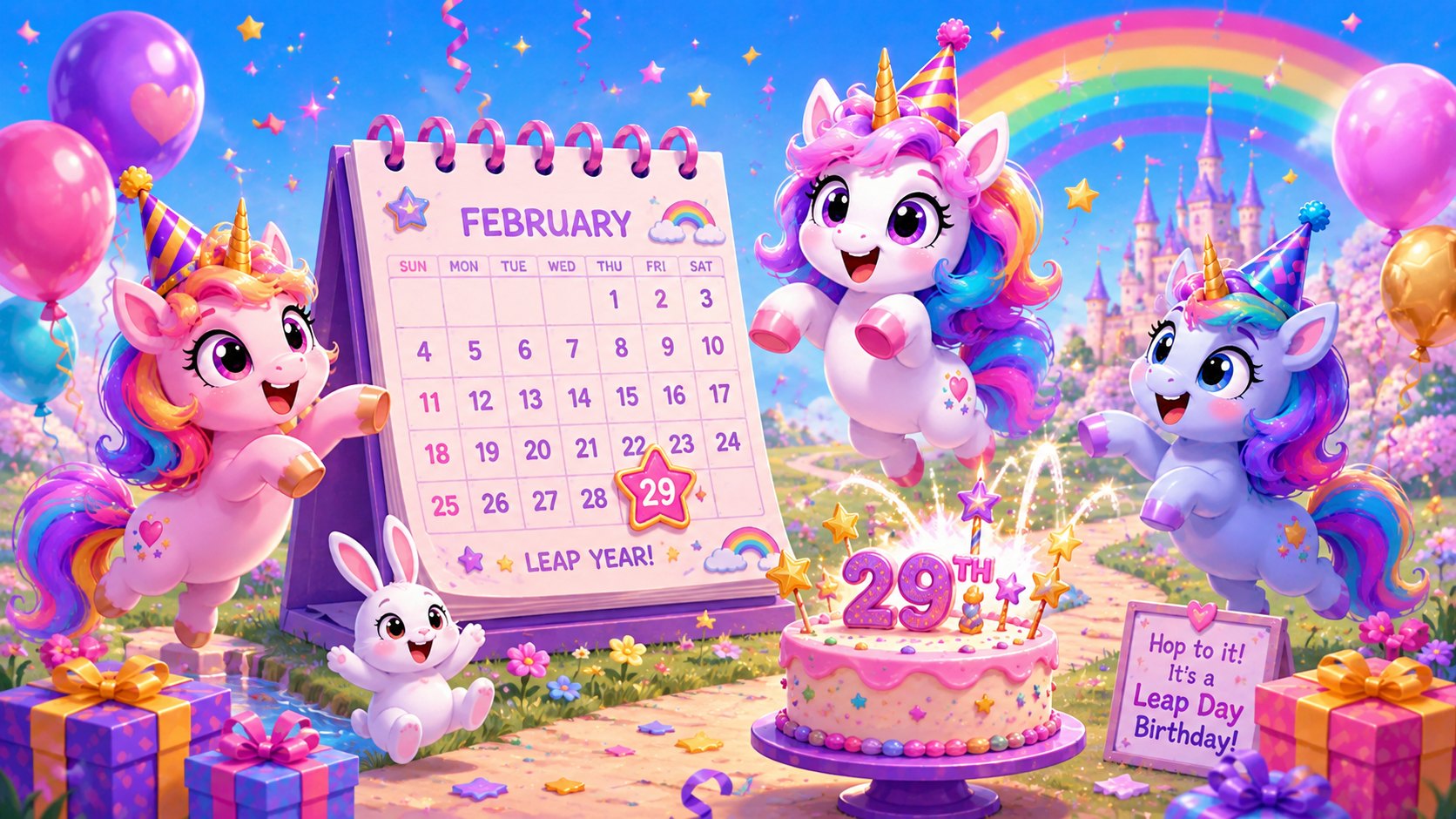 Playful cartoon unicorns celebrating a February 29 Leap Day birthday beside a colourful leap-year calendar.