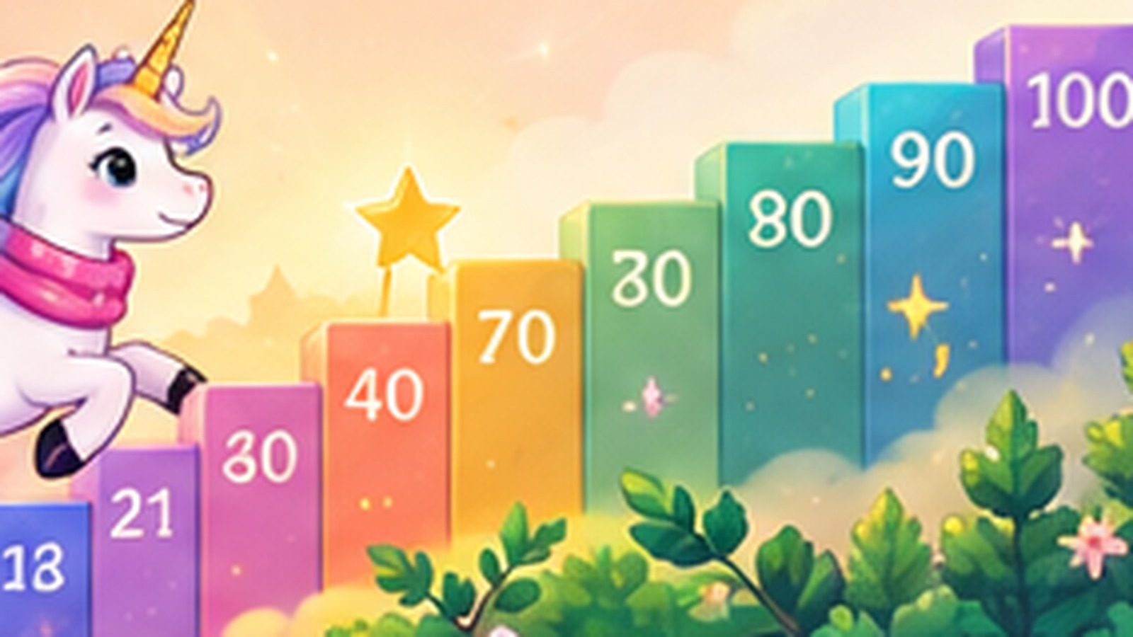 Playful cartoon unicorn climbing through major milestone birthday ages on a colourful numbered path.