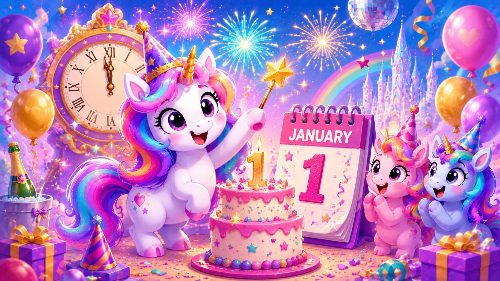 Playful cartoon unicorns celebrating a January 1 birthday with a New Year's clock, fireworks, cake, and balloons.