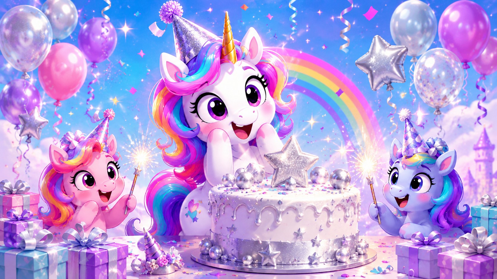 Playful cartoon unicorns celebrating a platinum birthday with a silver cake, stars, balloons, and rainbow decorations.