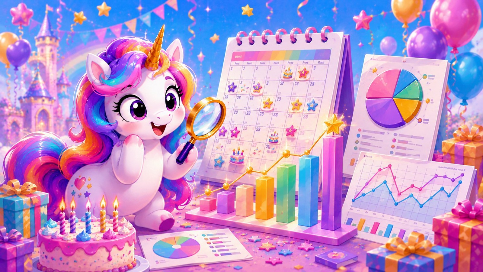 Cartoon unicorn reviewing birthday statistics and charts, representing privacy, analytics, and site data.