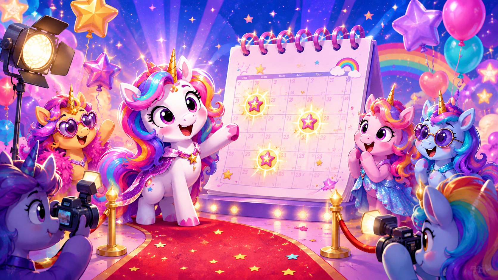 Cartoon unicorn celebrities posing on a birthday red carpet with cameras, balloons, and a glowing calendar.