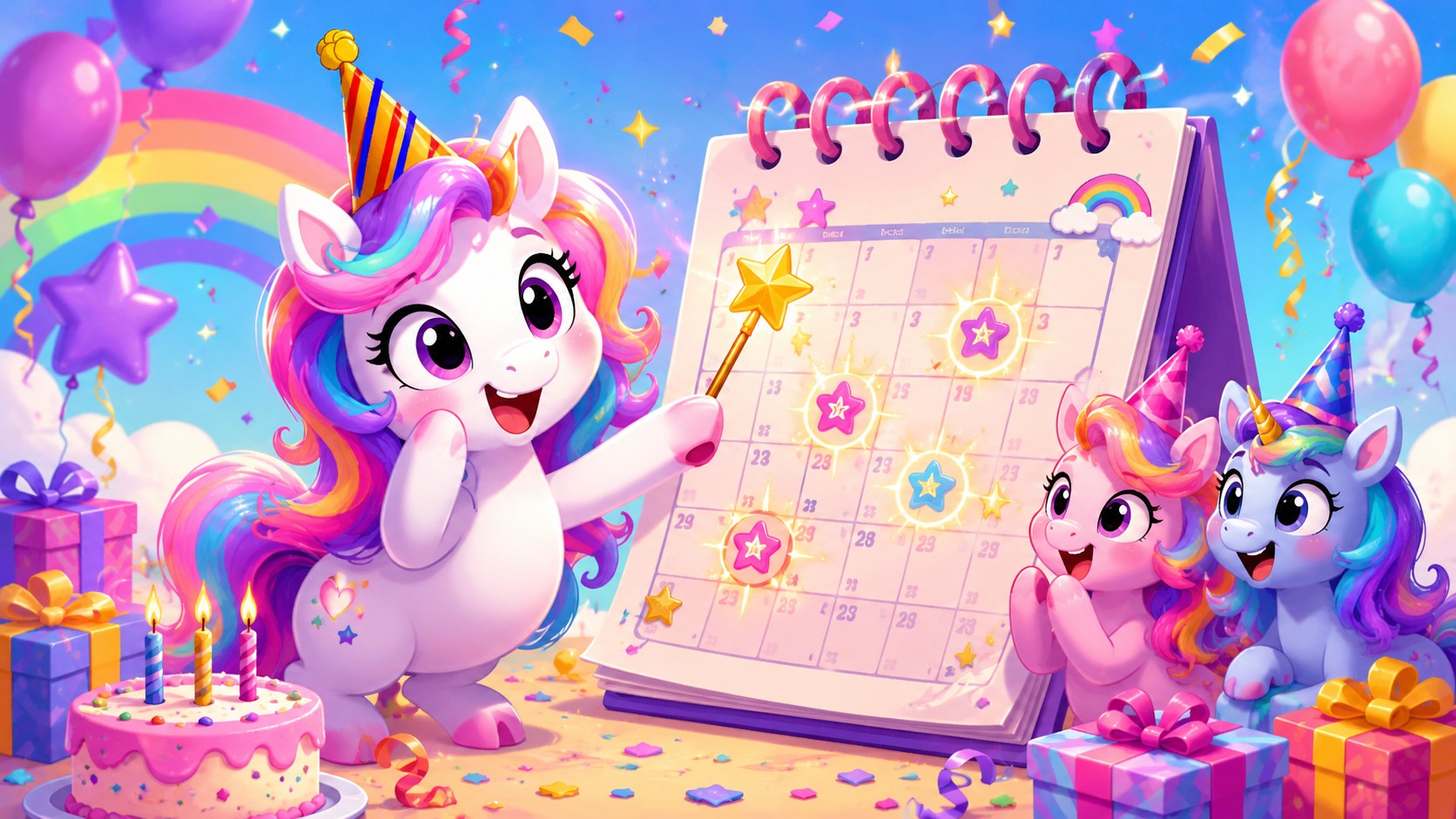 Playful cartoon unicorns comparing rare birthday dates on a colourful calendar.