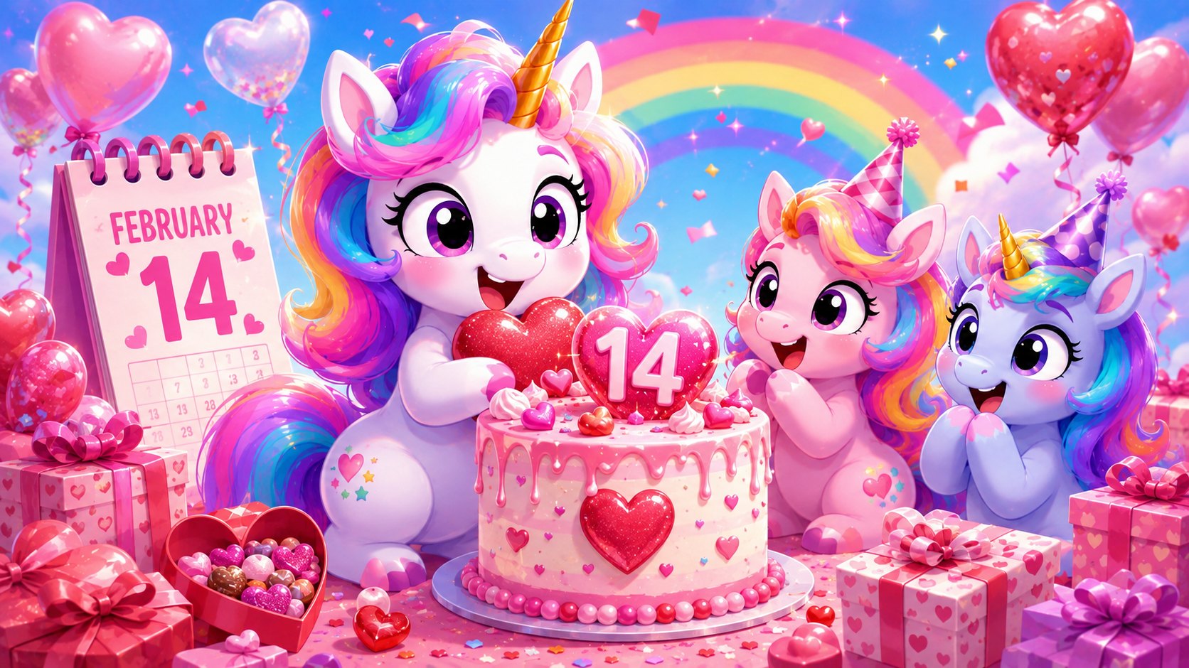 Playful cartoon unicorns celebrating a February 14 birthday with hearts, balloons, gifts, and a birthday cake.